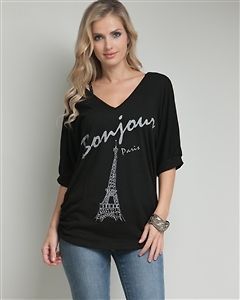 Black Plus Size Top~Bonjour Eiffel Tower Imprint~NWT~1X 2X 3X~Chrystal