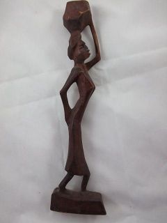 Carved Wooden Ethinic Woman Lady Figurine With Basket On Head Wood