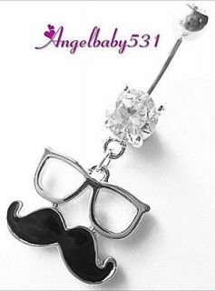 ADORABLE Mustache and Sunglasses Clear Gem Dangle Belly Ring Bar Navel