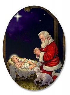 Kneeling Santa in Manger Humble Adoration Infant Christ 3 Oval