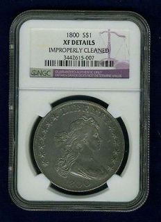 1800 DRAPED BUST SILVER DOLLAR COIN, NGC CERTIFIED GENUINE, XF