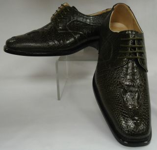 Mens Dark Olive Green Alligator Look Lace Up Shoes Oxfords Bolano 451