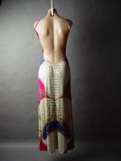 Backless Bold 60s 70s Posh Scarf Print Casual Resort Open Back Long