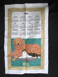 vtg 1994 Calendar show kitchen Towel KENT Golden Retriever dog Calico