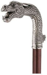 Crafted Solid Pewter Asian Dragon Head Hardwood Walking Stick Cane