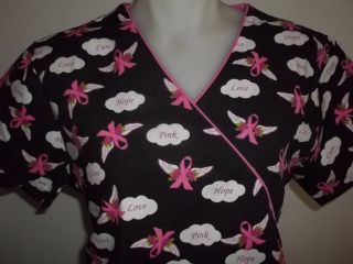 XL 2XL BREAST CANCER PINK RIBBONS ANGEL WINGS & ROSES SCRUB TOP