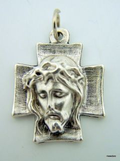 Petite Sorrowful Head Of Jesus Cross Pendant Medal Crucifx 1 Silver