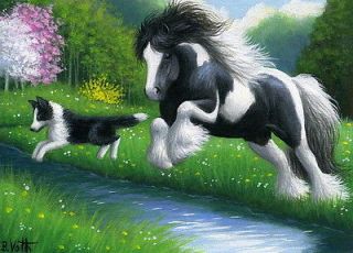 Gypsy horse border collie dog stream landscape limited edition aceo