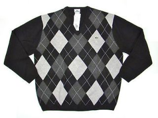 Nwt Lacoste V Neck Argyle Wool Black Sweater 8 / 2XL