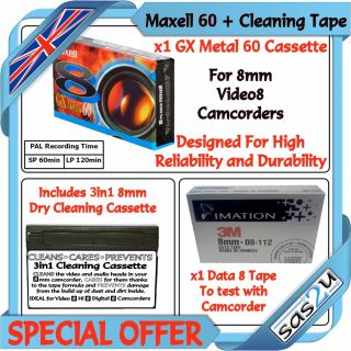 8mm Camcorder Video8 Tape & 1 Data8 + Hi8 Digital8 Cleaning Cassette