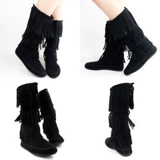 BLK ROUND TOE FRINGE LAYER MOCCASIN MID CALF KNEE HIGH FLAT SLOUCHY