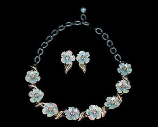 Blue Flower Aurora Borealis Rhinestone Plastic Chain Necklace Earrings