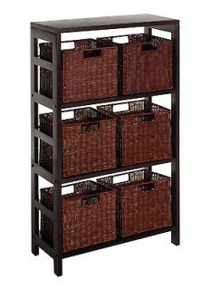 Wood Shelf Unit with 6 Wicker Baskets Storage & Organization   NEW
