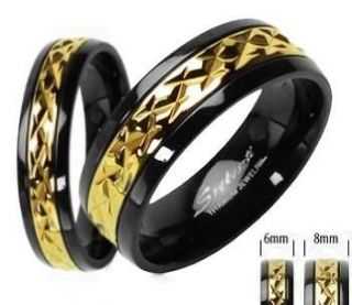& Hers Black Titanium / 14K Gold ip Wedding Band Ring Set Sizes 6 13