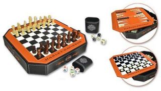 HARLEY DAVIDSON 4 IN 1 GAME SET ~ CHECKERS, CHESS, BACKGAMMON, DICE