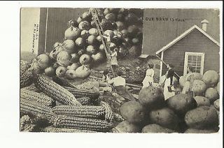 Postcard Exaggerated Harvest Food Corn Potatoes Onions Barn Women 1912