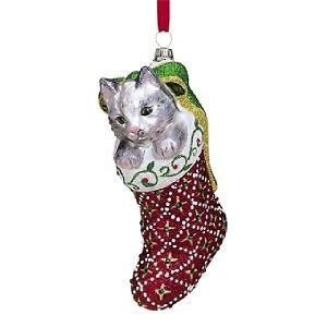 Reed & Barton Blown Glass Christmas Ornament Cat in Stocking Gift