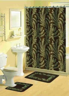 Ferns Floral 15 Pcs Shower Curtain w. Hooks Bathroom Rug Set