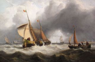 1860s FINE ENGLISH MARINE OIL PAINTING SHIPPING OFF COAST   SUPERB