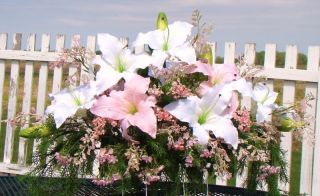 Pink White Casa Blanca Lilies Cascading Headstone Grave Country