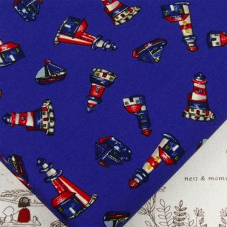 BOAT YACHT & LIGHTHOUSE BEACON ROYAL BLUE 100% COTTON FABRIC #A154