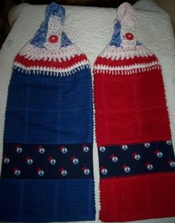 CROCHET TOP APPLIQUED HAND HANGING TOWEL* Peace Signs & Stars Red