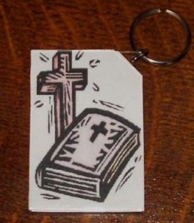 Homemade KEY CHAIN Religious CROSS & BIBLE Print   2 x 3 L@@K 