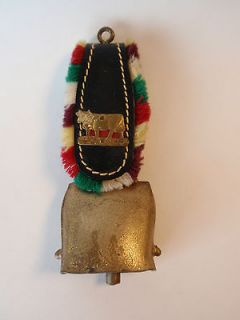Vintage Brass Swiss Cow Bell Leather Strap Wool Trim Hang Collectible