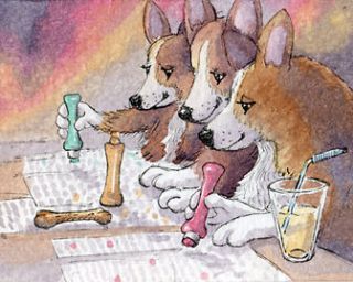 Welsh Corgi dog pup bingo game eyes down ACEO art card signed print