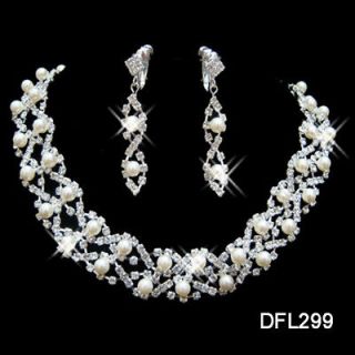 Wedding bridal Bridesmaid Pearl crystal necklace earring Sliver