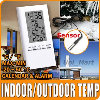 Digital Indoor Outdoor Temperature Thermometer Clock Alarm 1.4m Probe