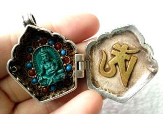 Sterling Silver Gold MAHAKALA OM Buddha pendant Amulet Box Turquoise