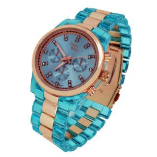 Turquoise Acrylic Blue Face Bezel Rose Gold Link Band Bracelet Watch