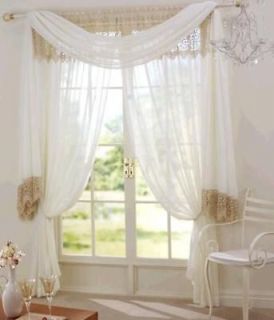 Crushed VOILE SHEER NET LACE Curtain Panel & Scarf Swag Sets CREAM