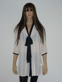 CREAM DROP NECK CHIFFON PUSSYBOW BLOUSE WITH BLACK CONTRAST SIZE 8 16