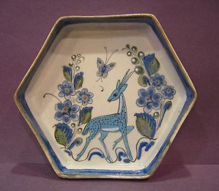 KEN EDWARDS Tonala Hexagon Dish Blue Deer Floral Mexican Folk Art