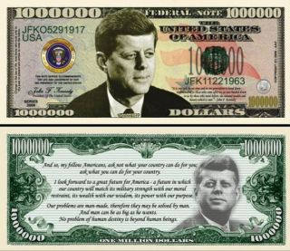 Lot of 5 John F Kennedy Fake One Million Dollar Novelty Bills