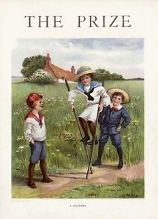 LITTLE BOYS Playing   WALKING ON STILTS   1906 Print