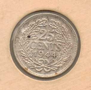 NETHERLANDS 25 Cents 1944 Silver Queen Wilhelmina Coin Currency Money