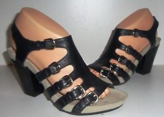 EARTHIES WOMENS BLACK LEATHER HEEL STRAPPY SHOES SIZE 9.5 B OPEN TOE