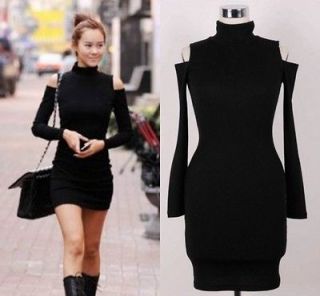 Cut Out Shoulder Turtleneck Pullover Jumper Bodycon Fitted Mini Dress