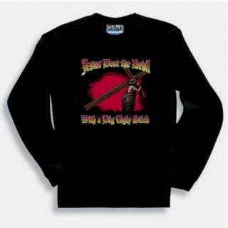 Christian LONG sleeve T shirt Jesus beat the devil with a big ugly