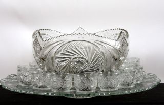 US Glass Co Crystal Glass Punch Bowl Set With Tray & 18 Cups EAPG