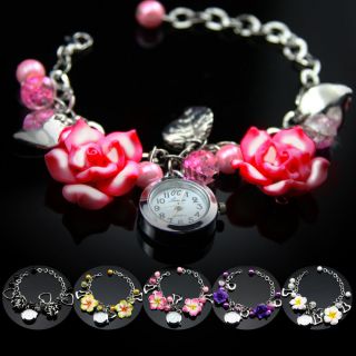 Colouful Jewelry Watch Beads Flower Bracelet Cuff Wrist Retro Lady