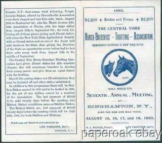 1893 Central York Horse Breeders Trotting Association Meet Binghamton