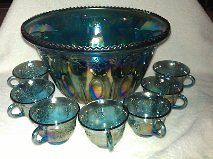 Indiana Blue Carnival Glass Princess Punch Bowl Set 12 Cup Hangers