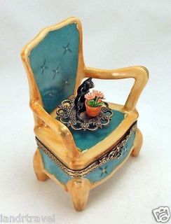 PLAYS MUSIC FRENCH LIMOGES BOX MUSICAL CHAIR W BLACK KITTY CAT