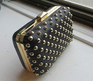 21 faux leather black gold spiked stud clutch evening box bag chain