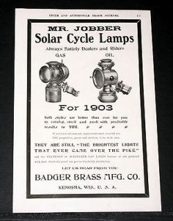 1903 OLD MAGAZINE PRINT AD, BADGER BRASS MFG., SOLAR BICYCLE LAMPS