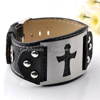 Mens Surfer PU Leather Christian Cross Wristband Bracelet Cuff Wrap